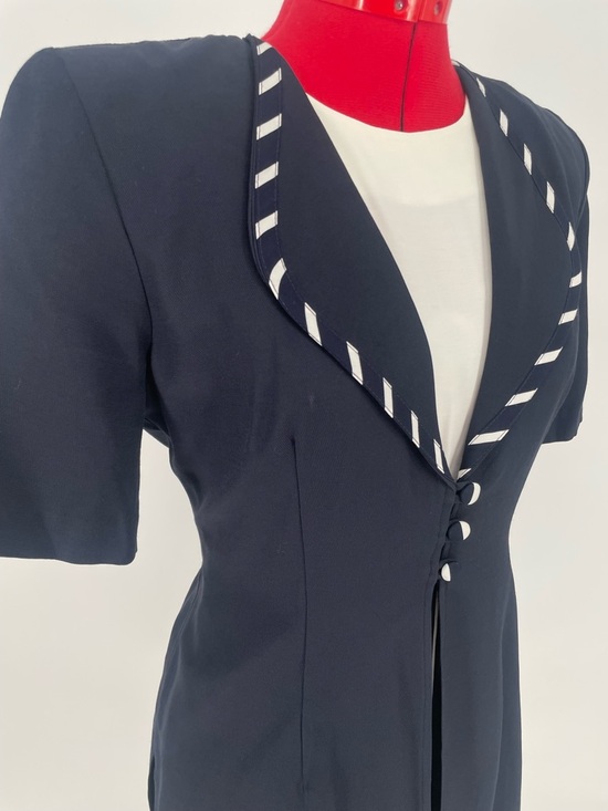 1980s Navy & White Nautical Striped Shorts Romper J.S.J. Petites Back Waist Tie - Picture 9 of 12